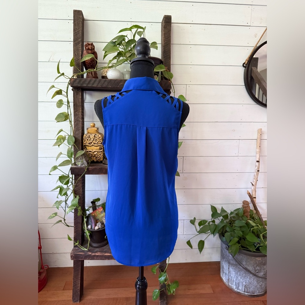 Express: Blue Sleeveless Button-Up Blouse with Cold Shoulder Back - Picture 13 of 17